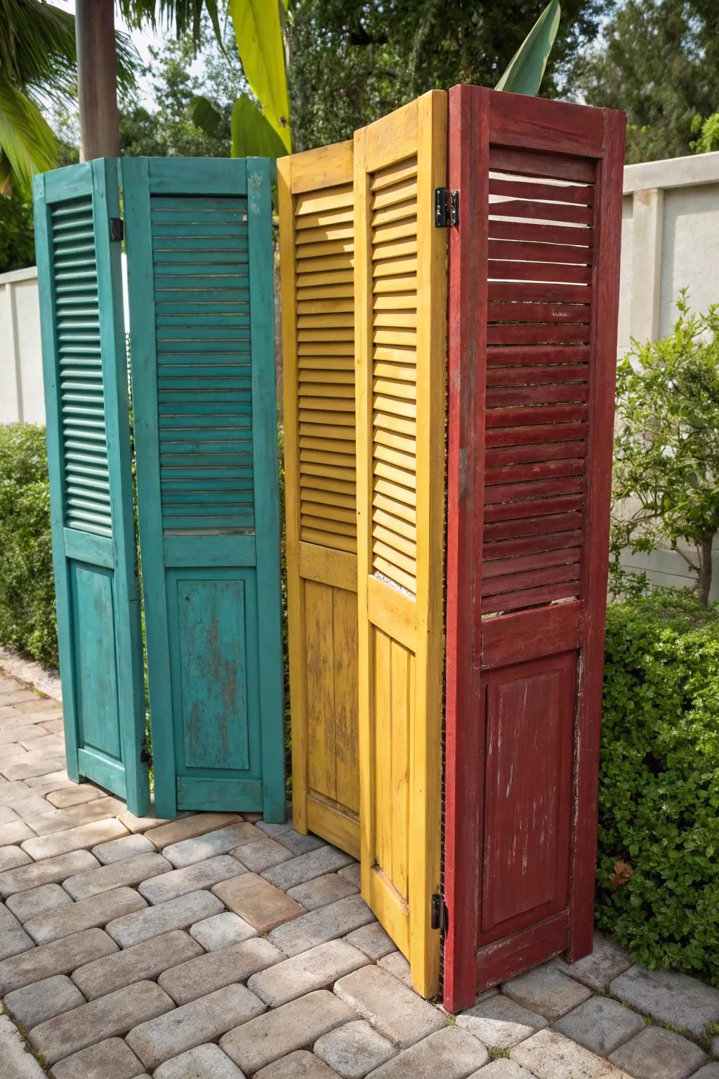 Transform your space with vibrant repurposed shutters for a unique and charming privacy fence.