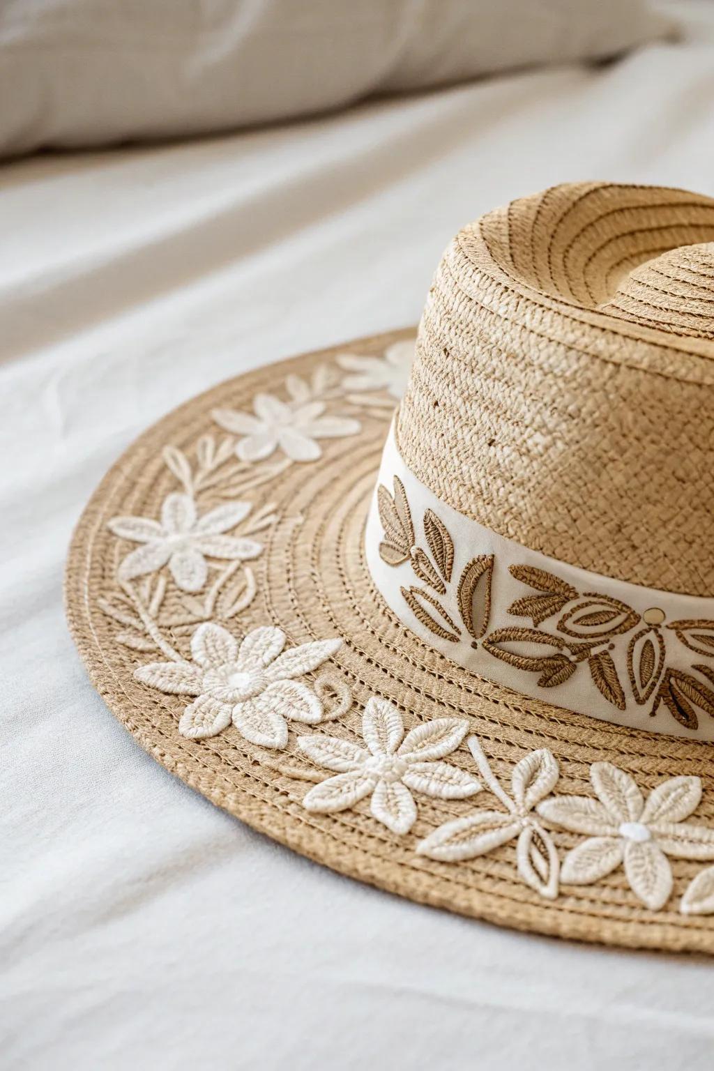 Elevate your boho style with floral patches on a classic straw hat, where simplicity meets artistic flair.
