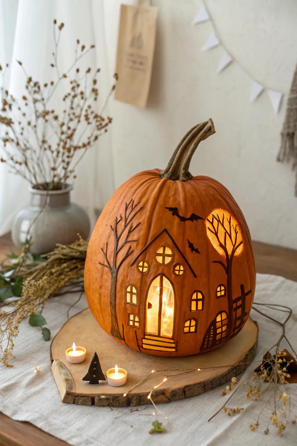 Craft your own spooky sanctuary with this haunted house jack-o'-lantern!