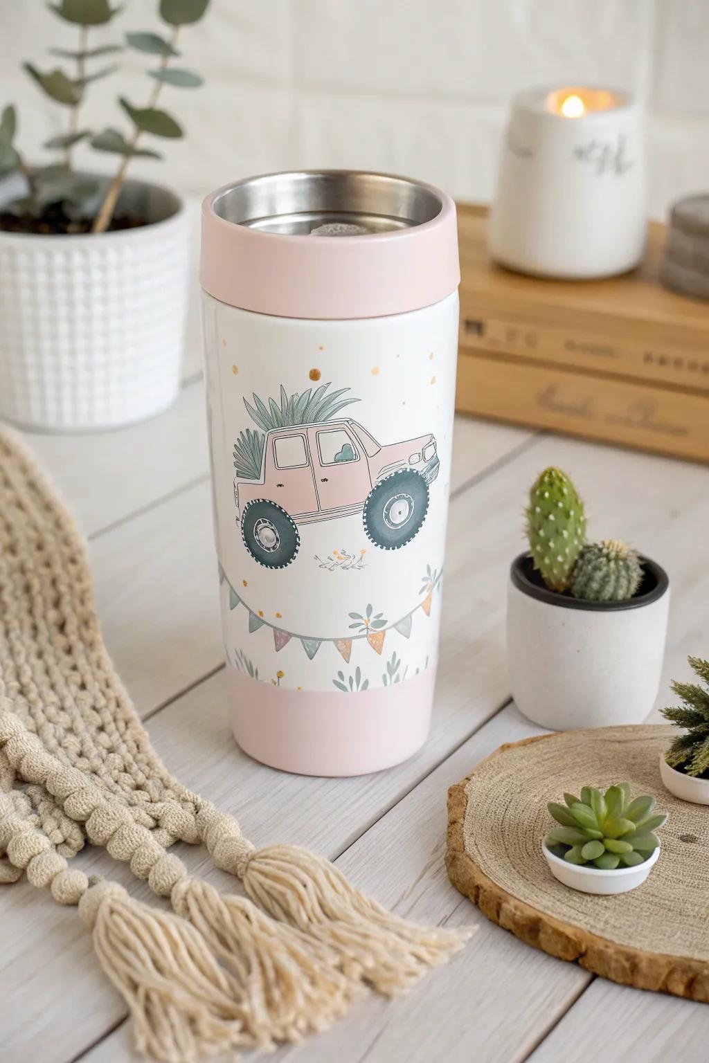 Zoom into fun with this charming monster truck tumbler – where minimalist design meets playful adventure!