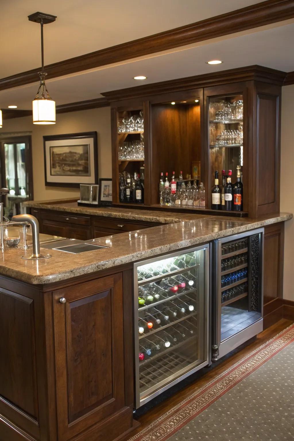 A wine lover’s paradise with specialized storage in an L-shaped wet bar.