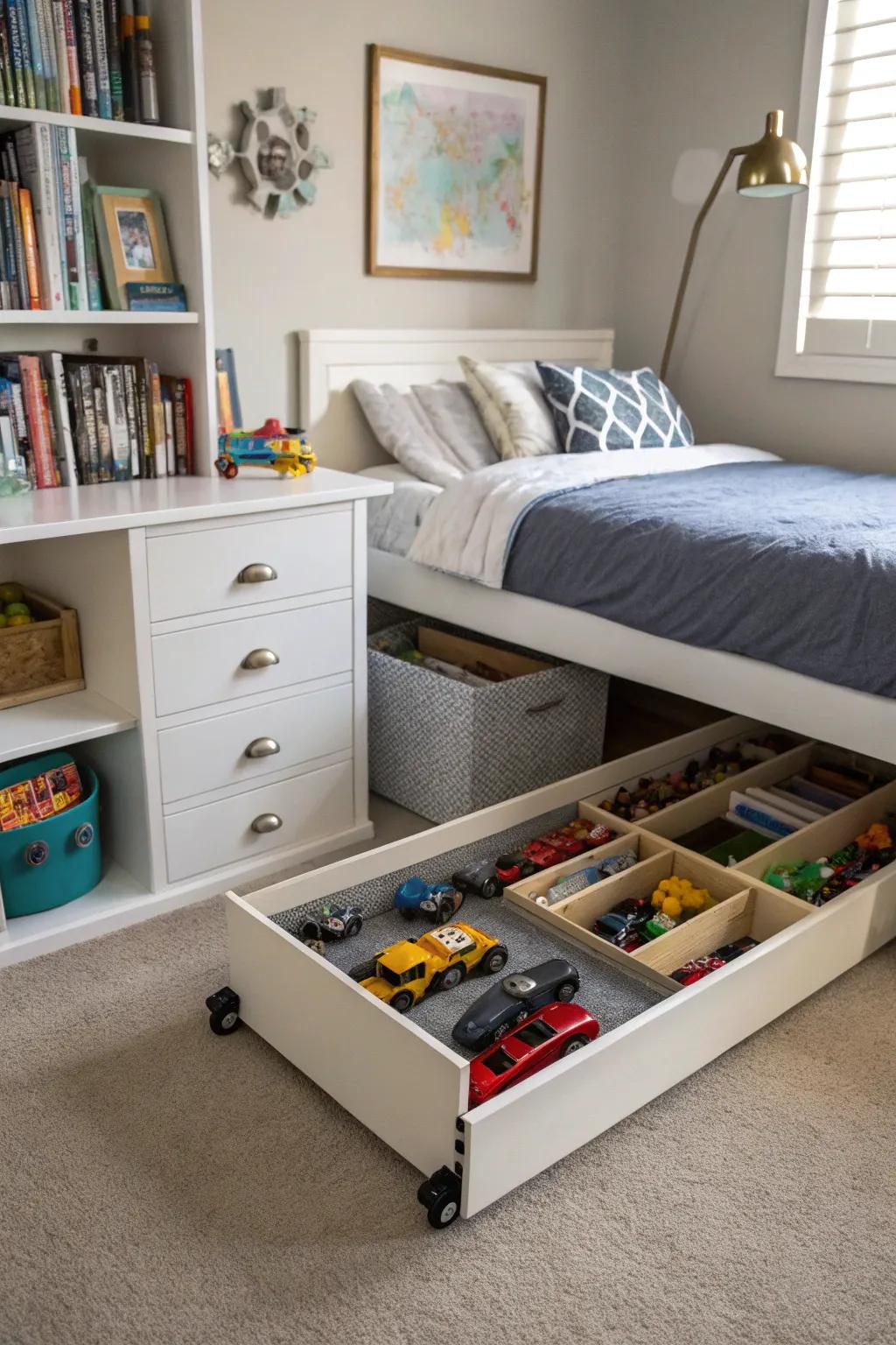 Under-the-bed storage keeps rooms tidy and organized.