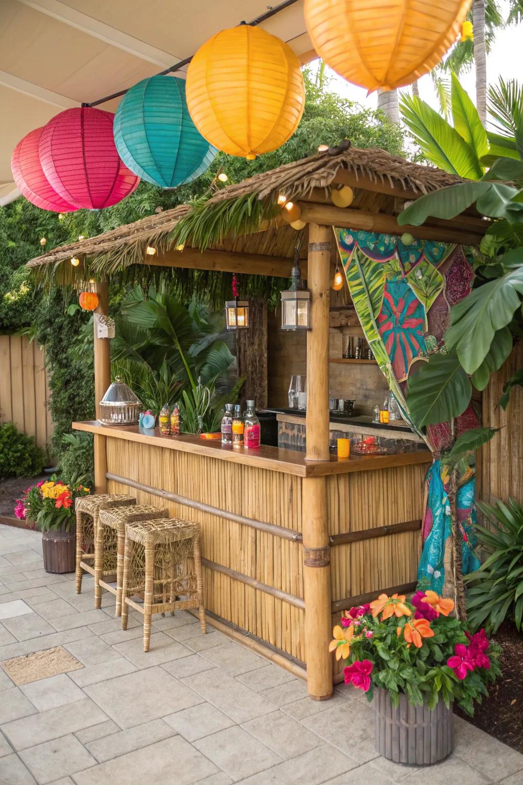 A Tiki bar brings tropical vibes to your home.