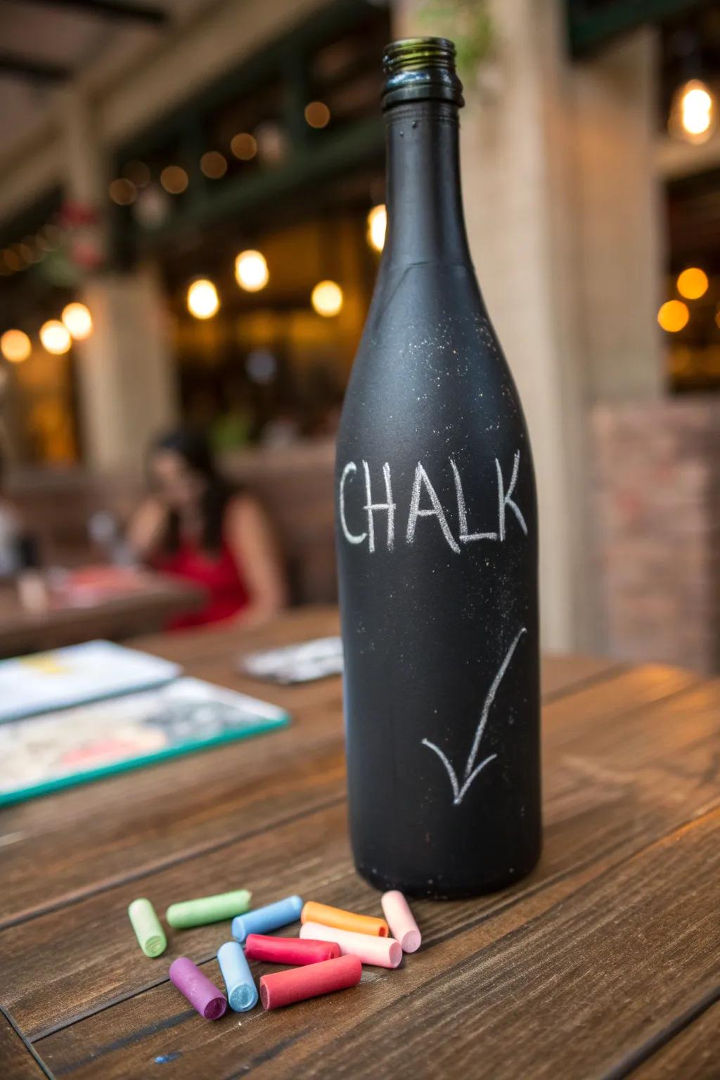 Transform your bottles into customizable art with chalkboard paint, perfect for creative expressions and personalized gifts.