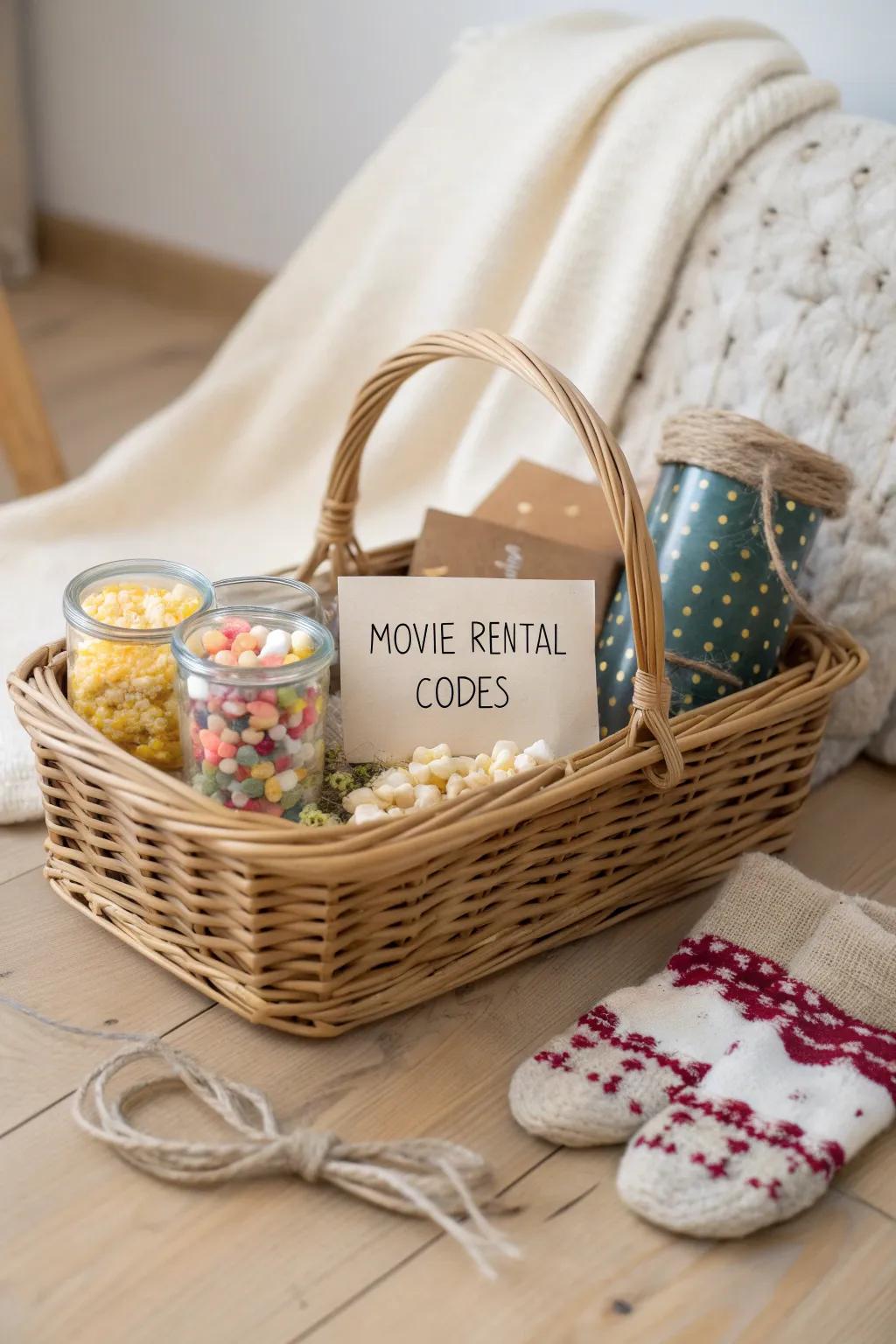 Elevate your cozy nights with a charming Movie Night Basket - the perfect blend of Scandinavian simplicity and Boho warmth. 🎬🍿 #GiftBasketIdeas #ScandiBoho