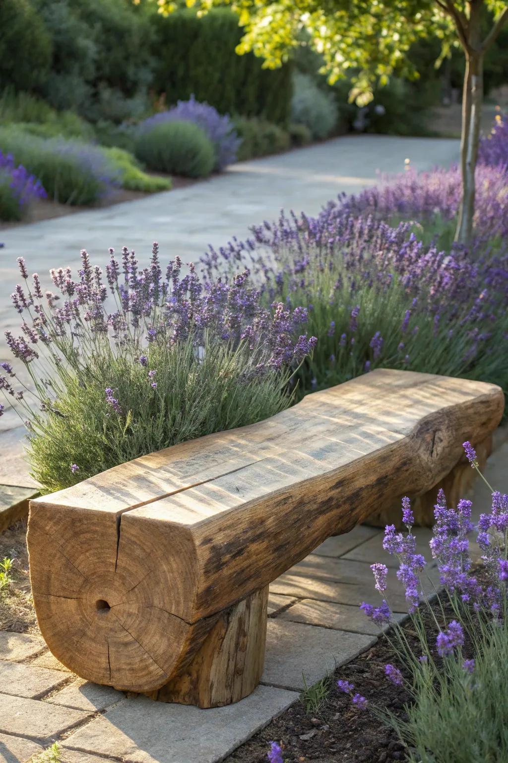 Embrace nature's embrace with a handcrafted log bench, where artistry meets the soothing scents of lavender.