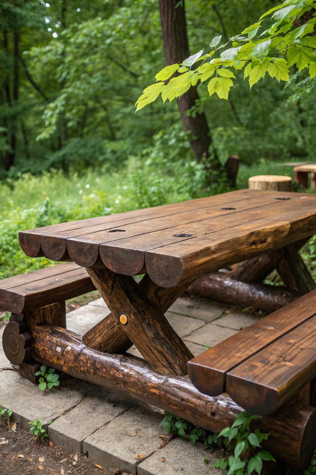 Experience the art of craftsmanship with this stunning oak log picnic table, perfect for memorable family gatherings.