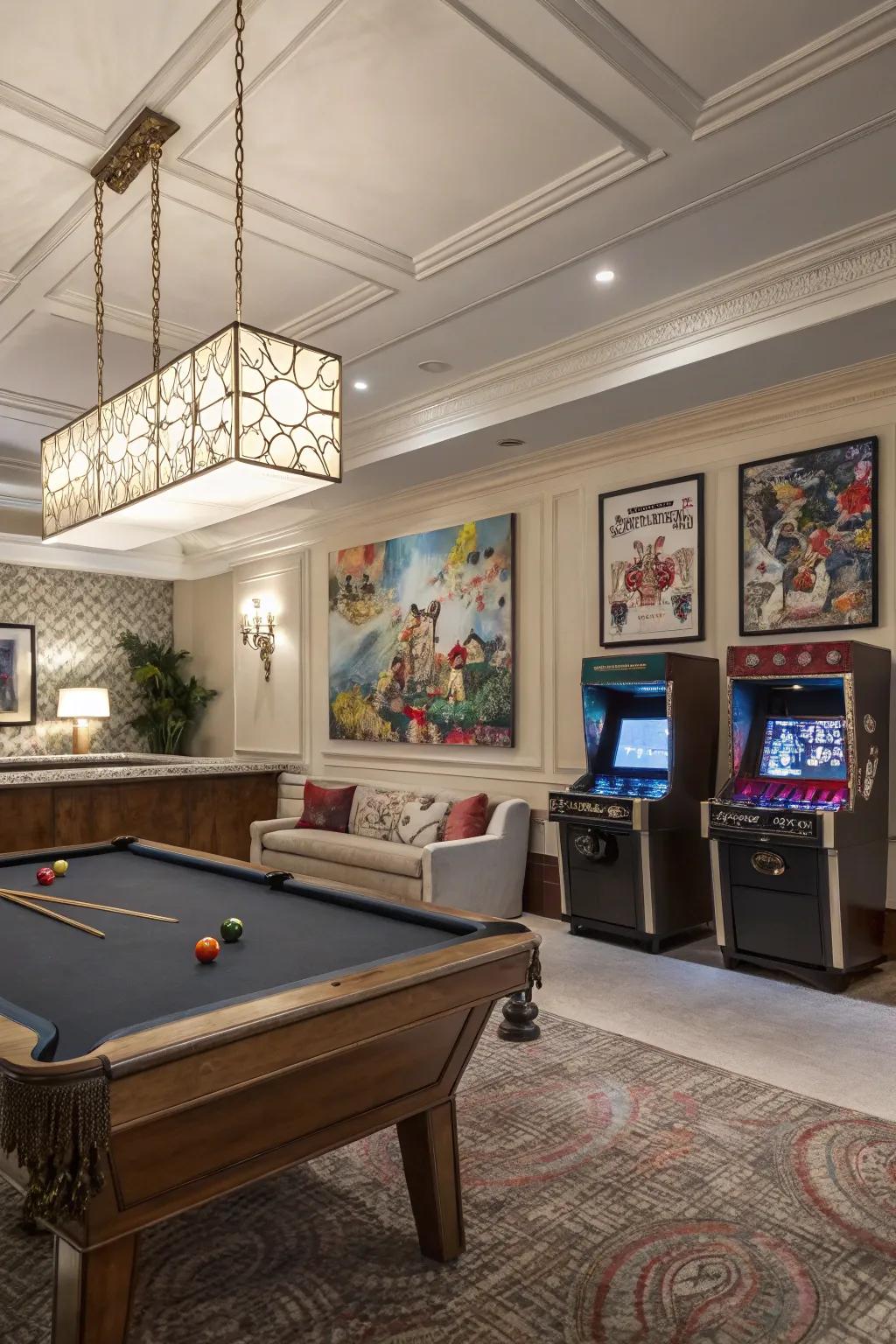 Art and decor that add character and sophistication to a luxury game room.