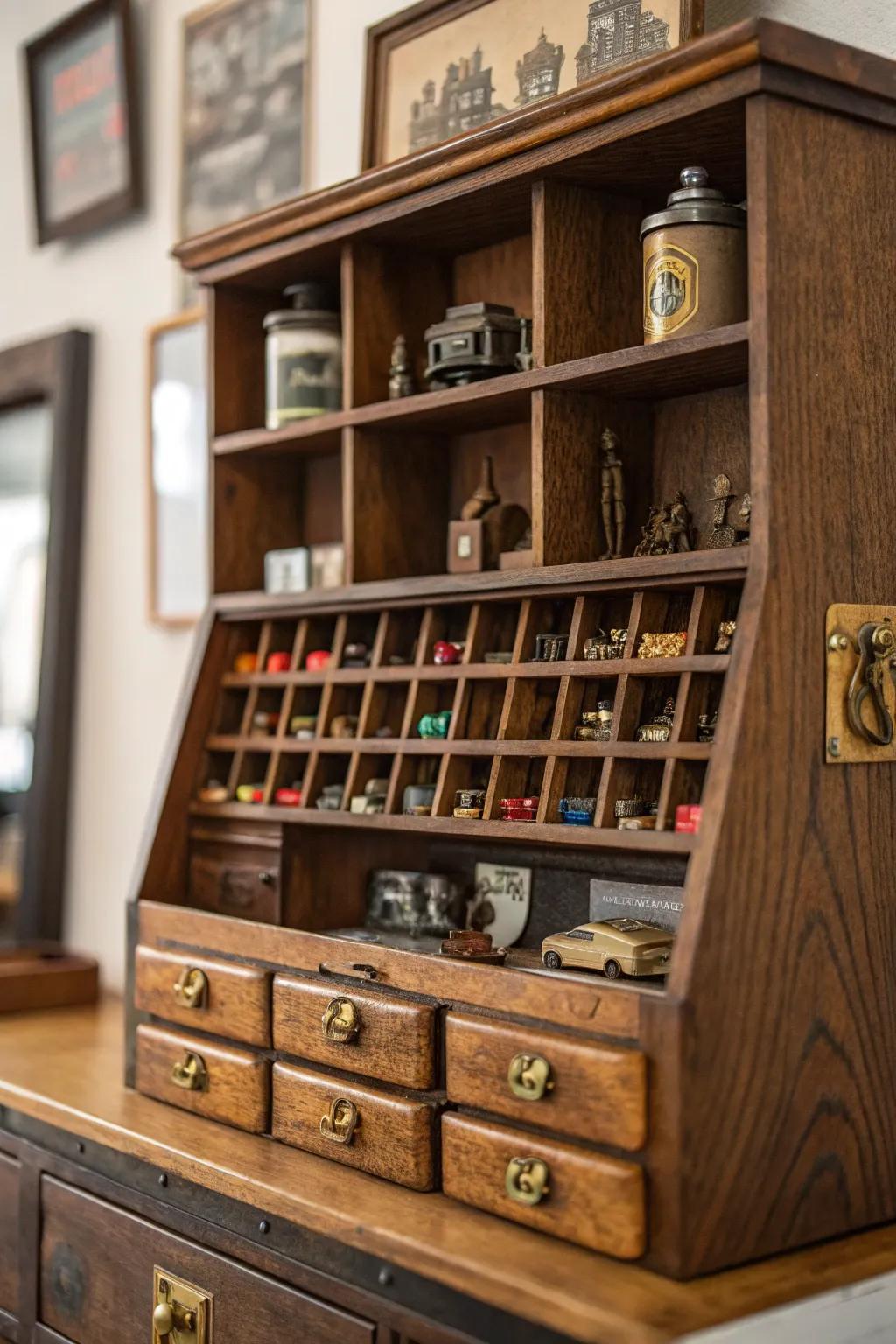 Vintage drawers offer a nostalgic way to display miniatures.