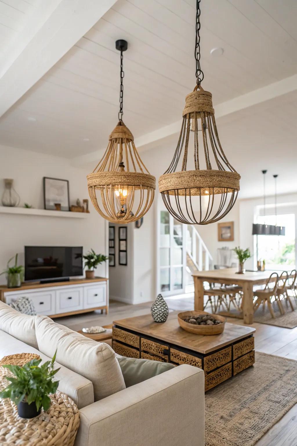 Upcycled light fixtures adding character to a modern living space