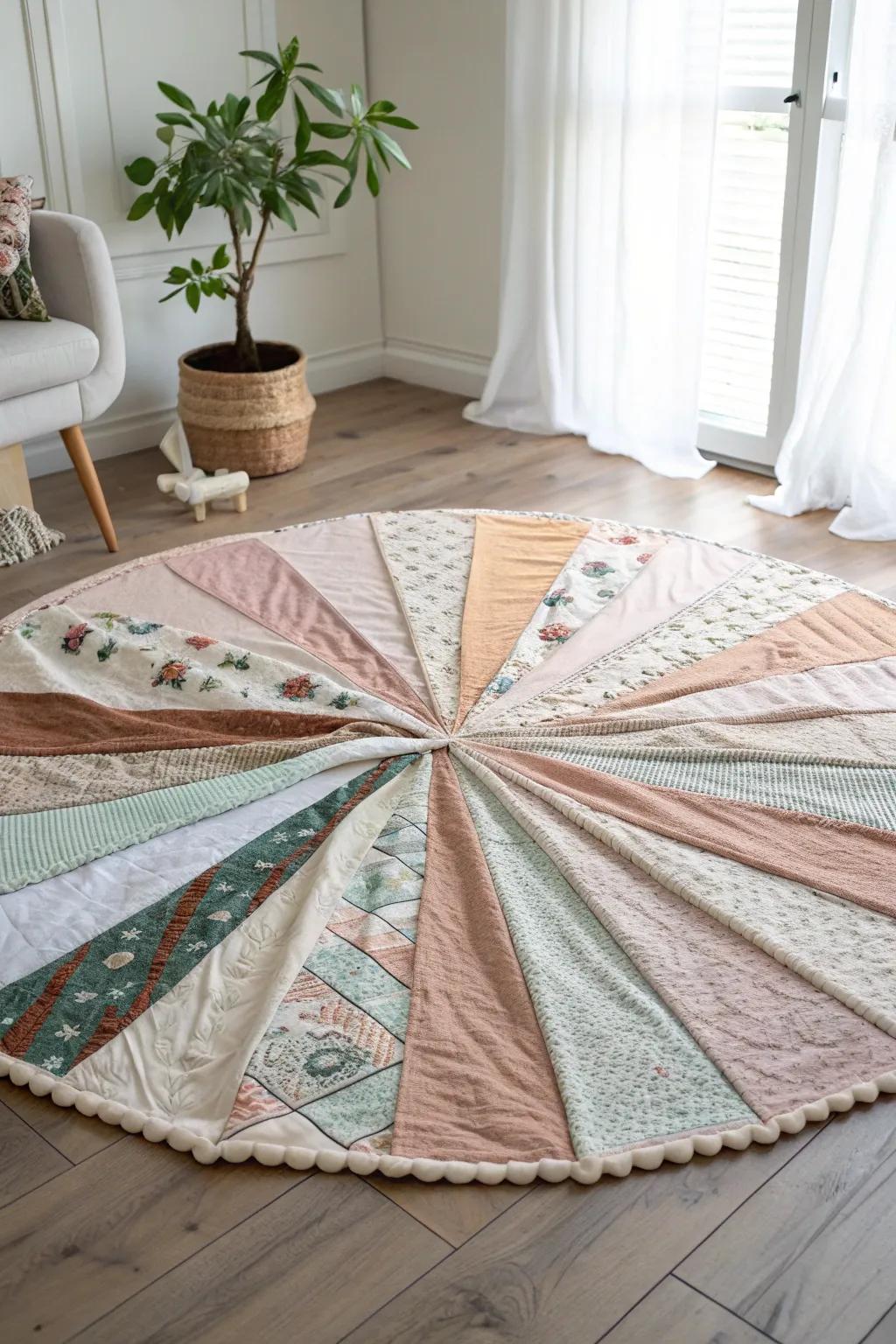 Embrace the art of simplicity with a stunning circular T-shirt quilt, where modern design meets bohemian charm.