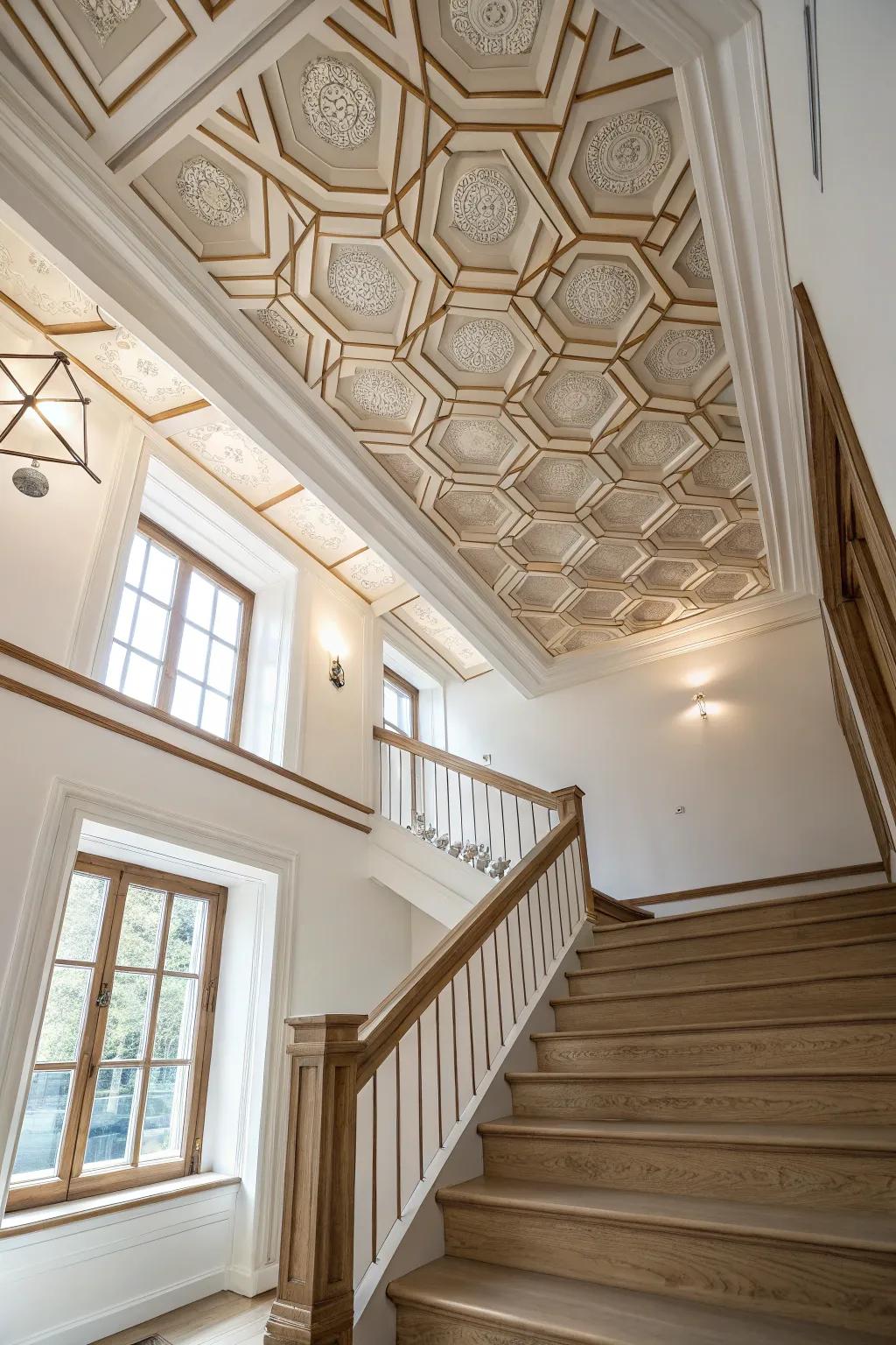 Elevate your stairway with the unexpected elegance of a coffered ceiling. Discover the art of looking up.