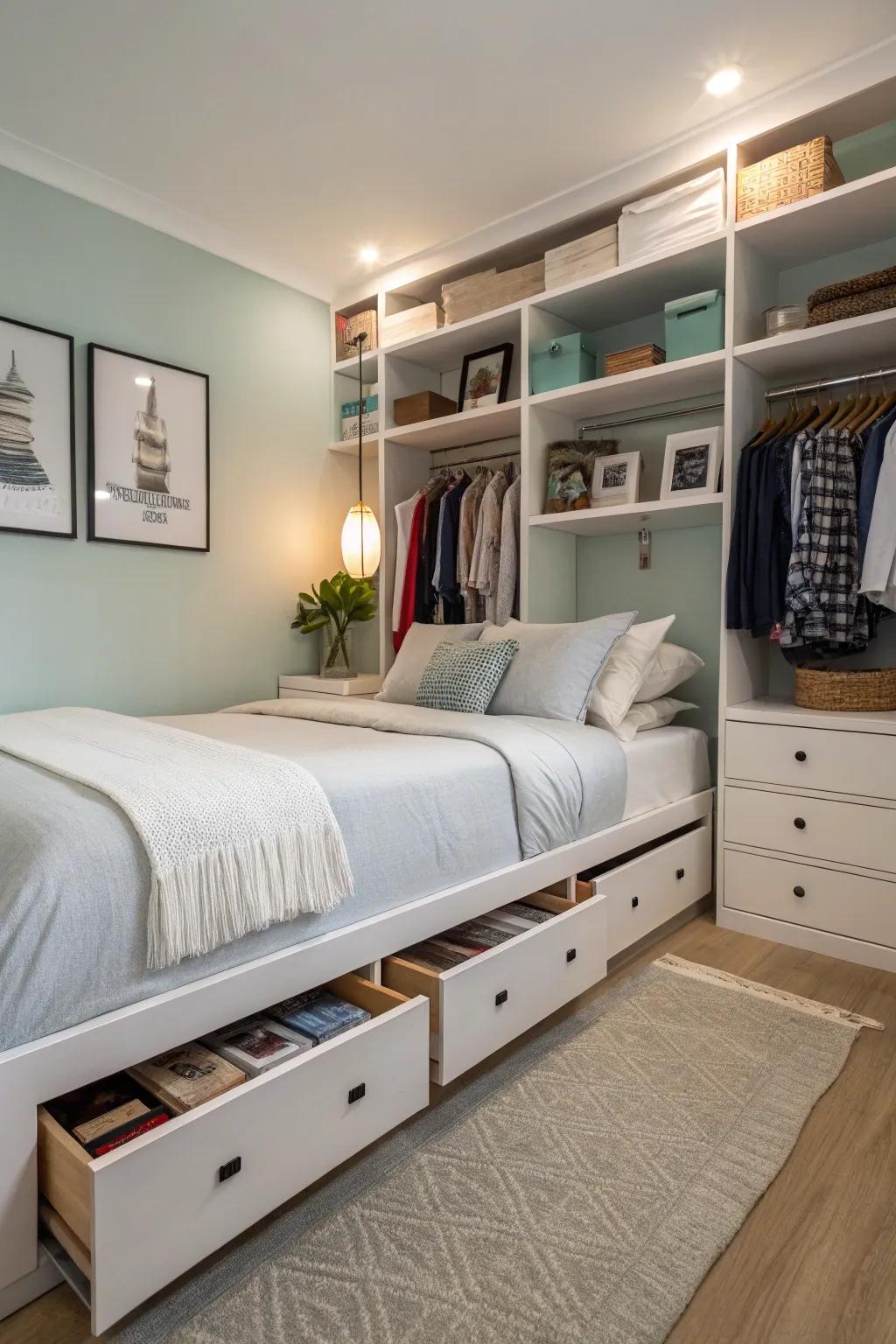 Unique storage solutions keep the bedroom organized and stylish.