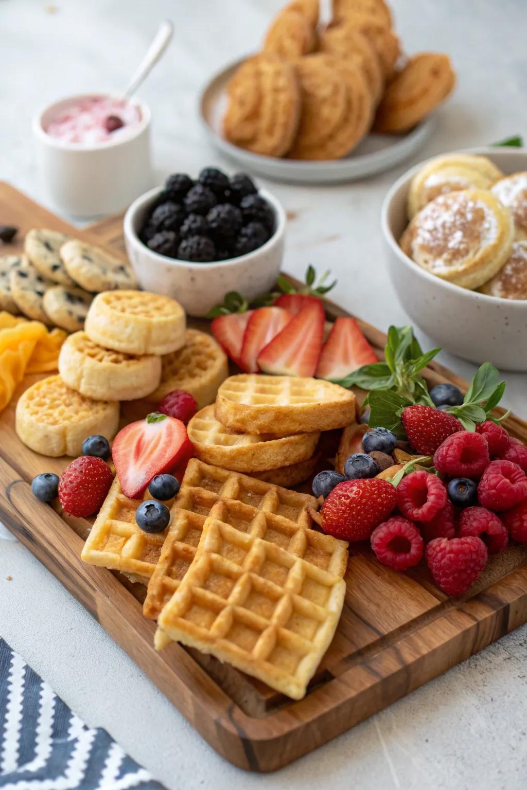 Transform your board into a brunch experience with waffles and pastries.