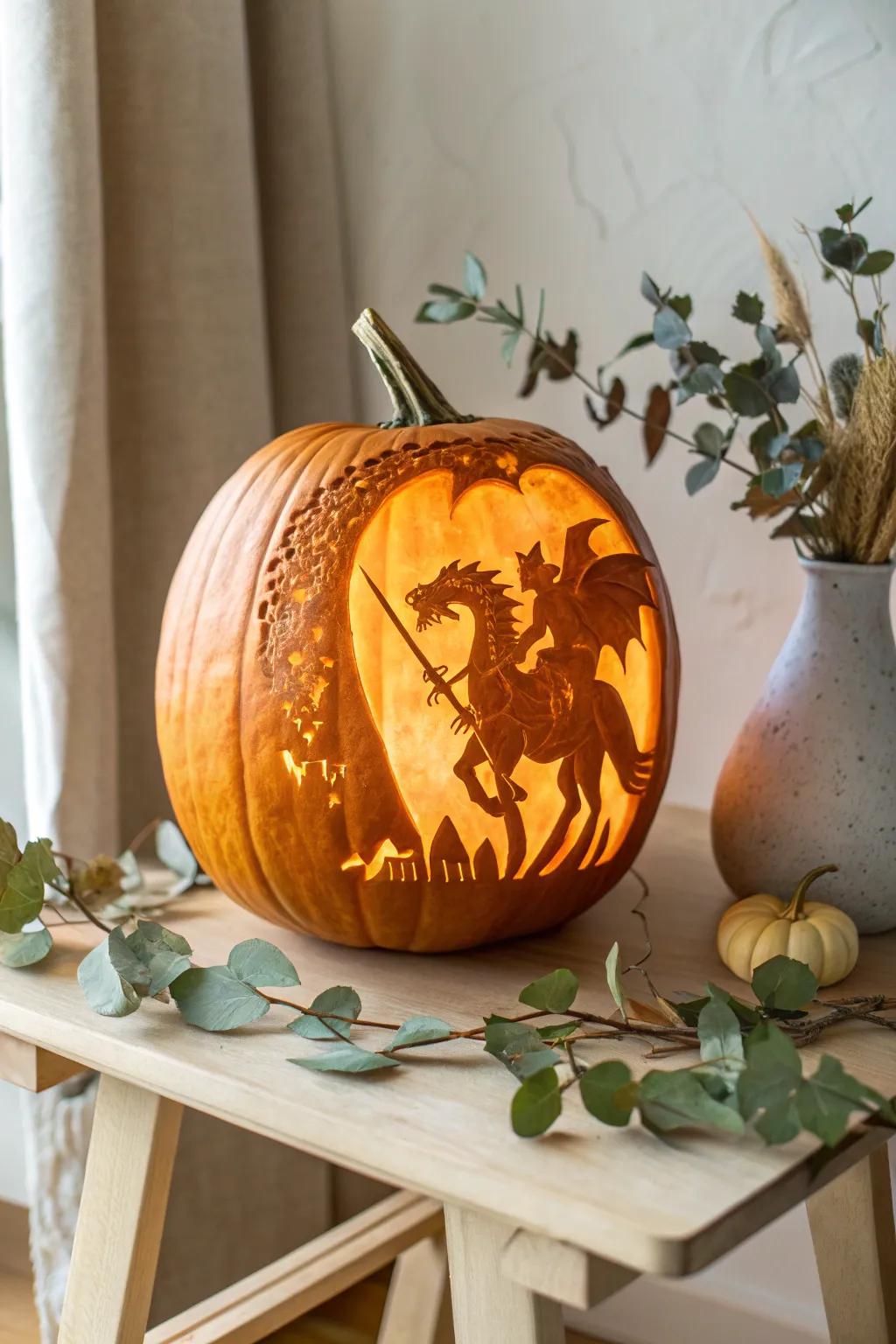 Transform your autumn decor with an epic pumpkin carving that tells a story of legendary battles. 🎃✨ #PumpkinArtistry