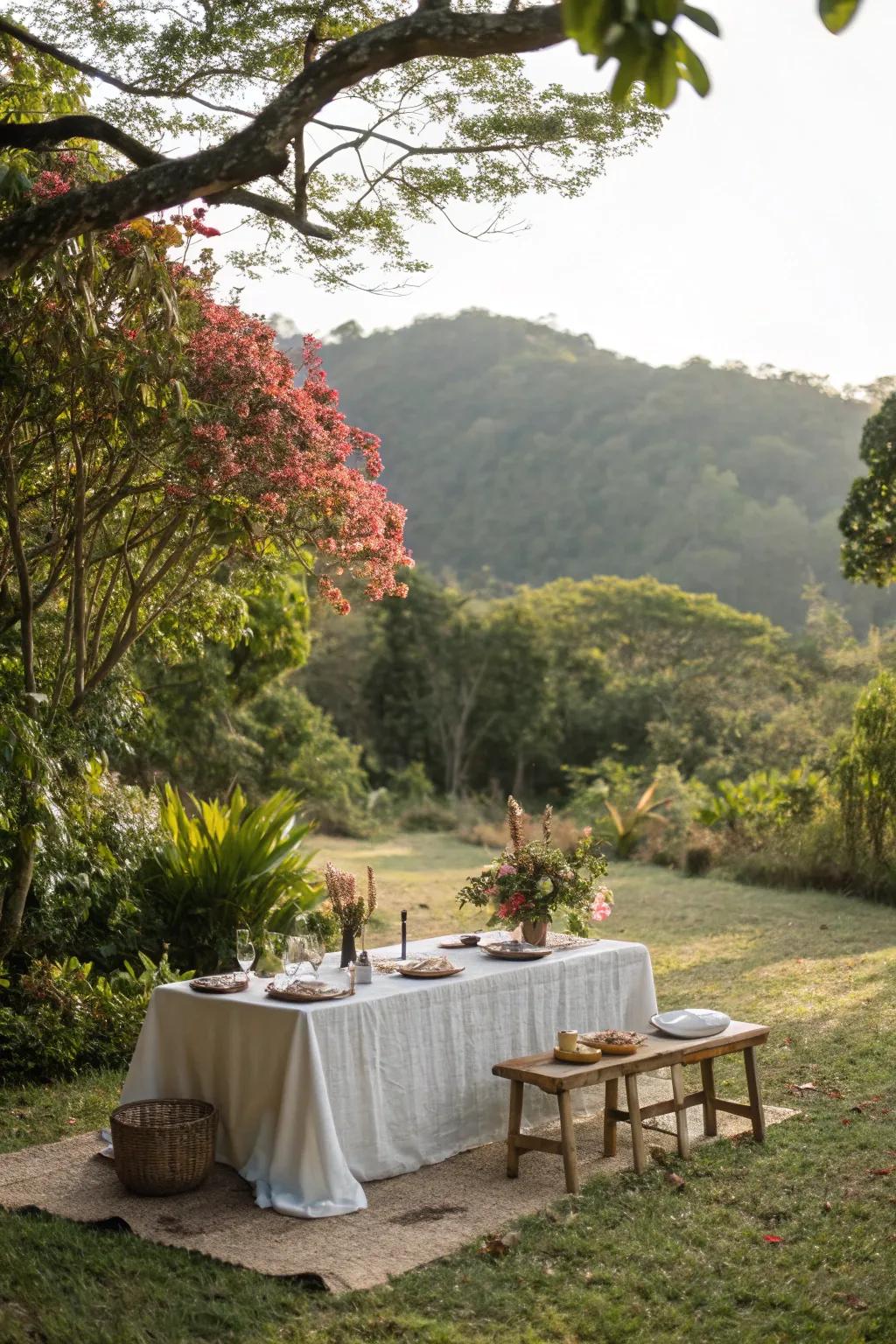 A natural setting elevates the table's aesthetic.