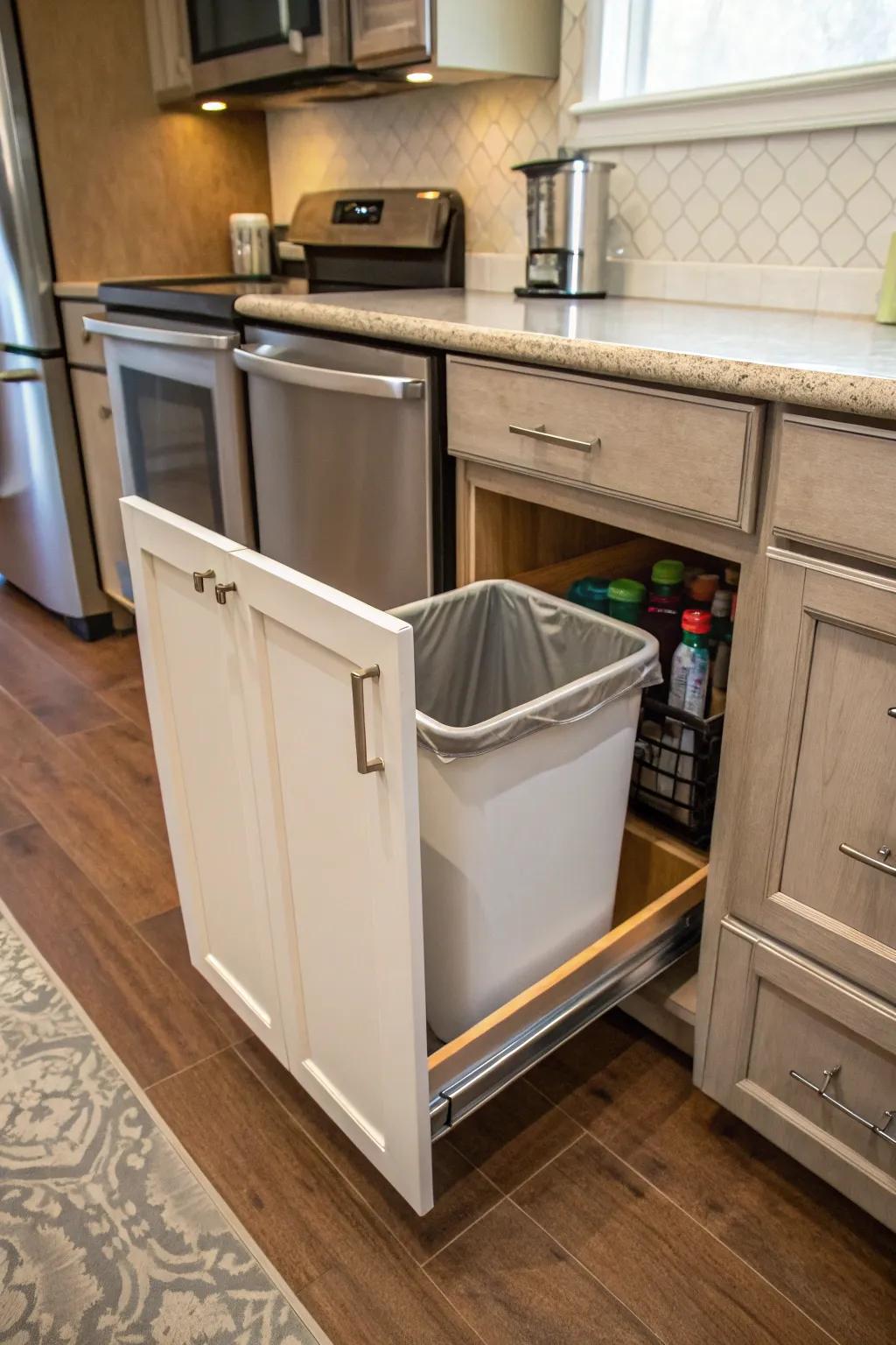 Keep your kitchen tidy with a hidden trash can cabinet.