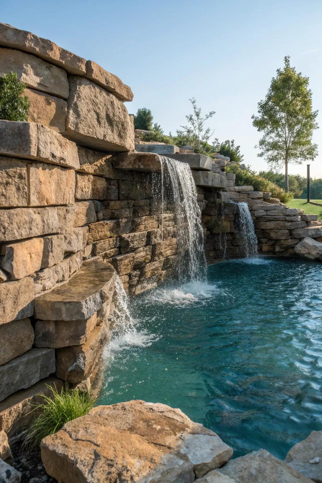 Experience the serene magic of a waterfall cascading down a stunning stone wall.
