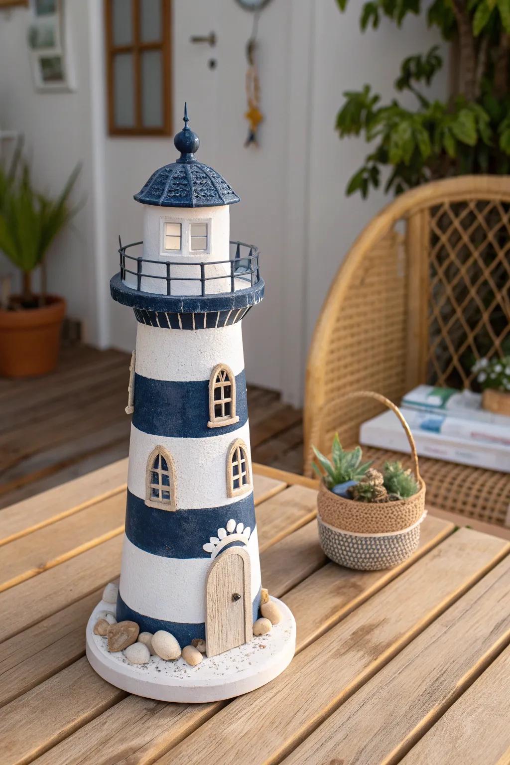 Illuminate your space with a touch of coastal charm: DIY Lighthouse Lantern for a serene patio ambiance.