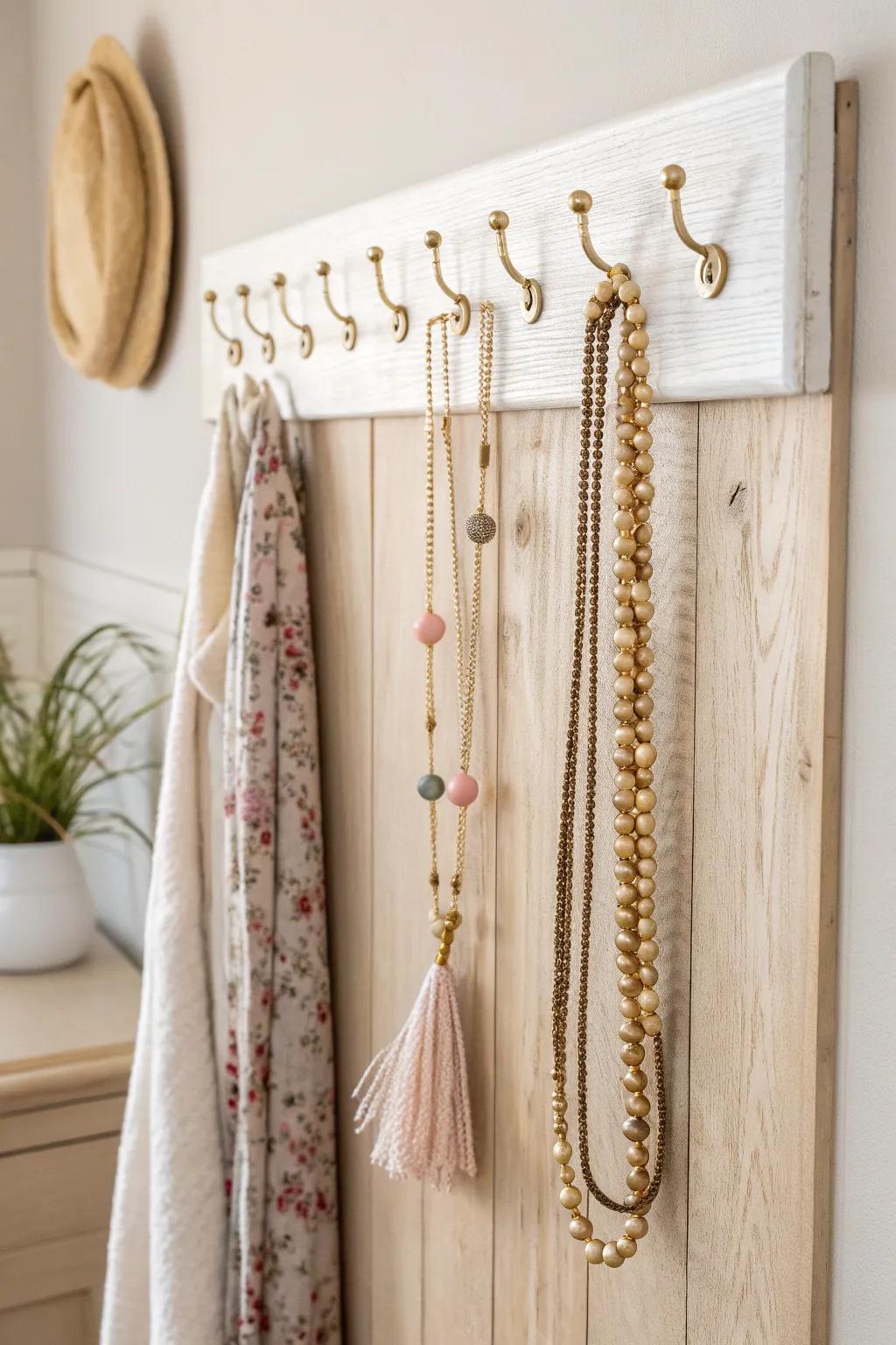 Transform your space with these stunning necklace displays using decorative coat hooks. Embrace simplicity and elegance in one beautiful setup.