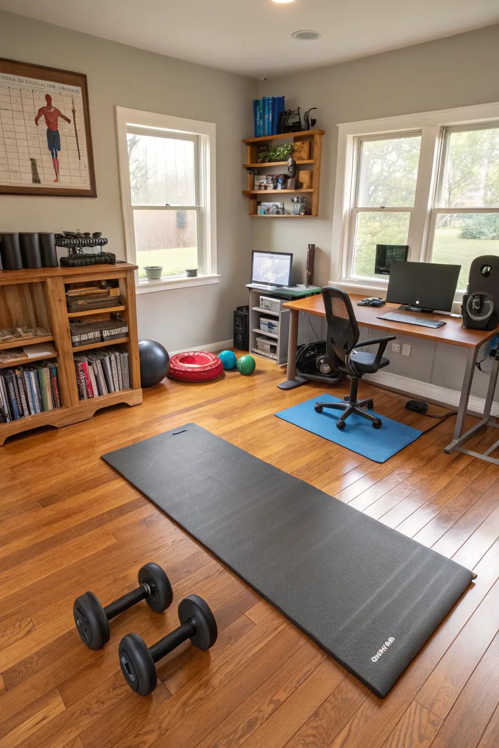 Durable flooring that accommodates both work and workouts.