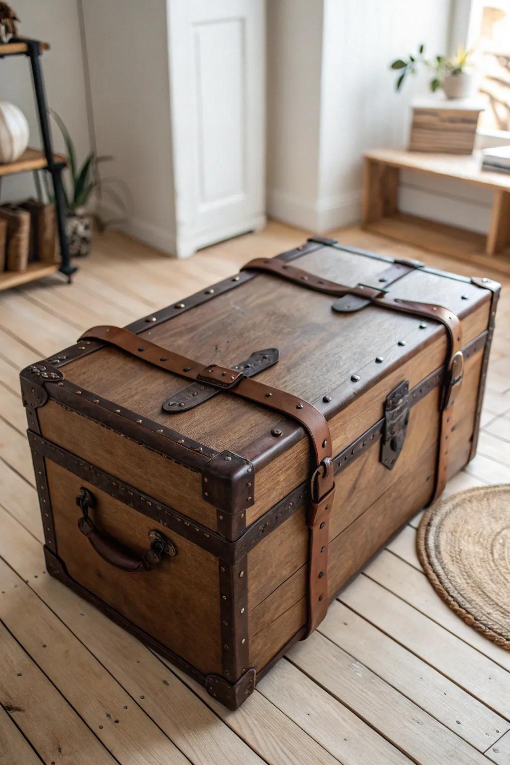 Transform your old trunk with luxurious leather accents for a chic and timeless touch.
