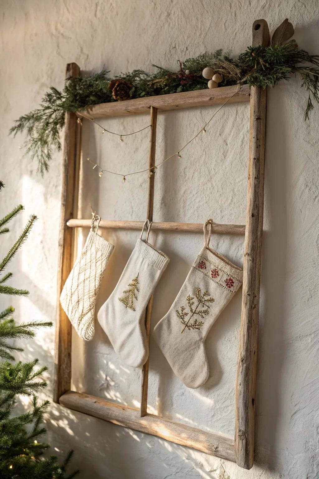 Transform old windows into charming Christmas stocking displays with a touch of Scandinavian elegance.