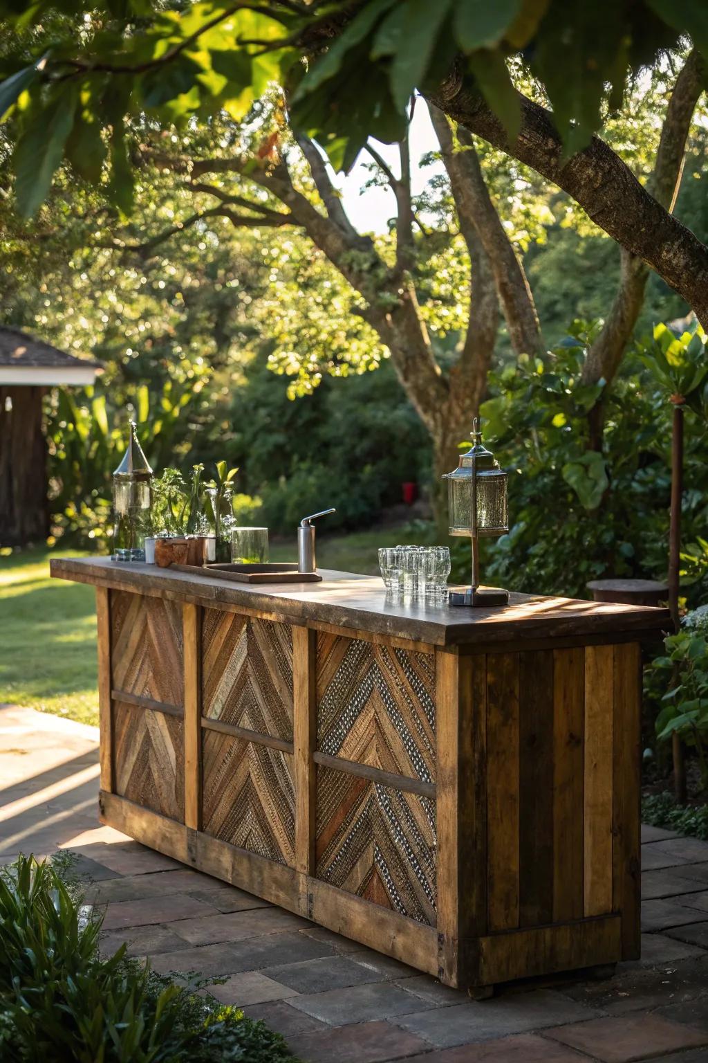 Elevate your outdoor gatherings with a stunning, sustainable bar crafted from recycled wood.