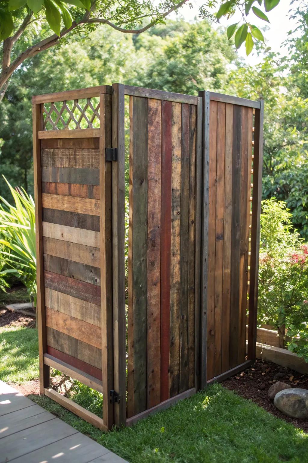Transform your outdoor space with a rustic privacy screen made from recycled pallets, where eco-friendliness meets timeless craftsmanship.