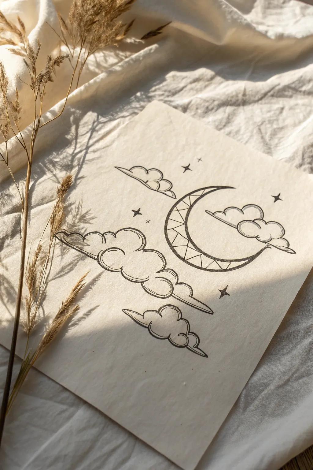 Embrace the serene beauty of celestial minimalism with this dreamy moon and cloud sketch.