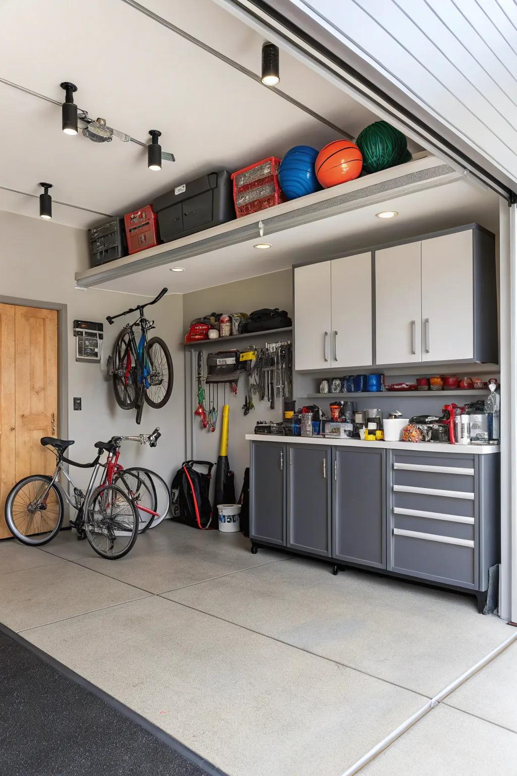 Overhead cabinets offer a clean and concealed storage solution.