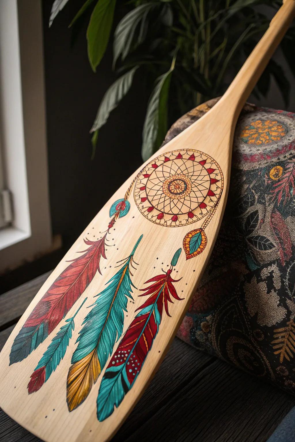 Unleash your adventurous spirit with this bohemian-inspired paddle design, perfect for those who appreciate artistry and creativity.