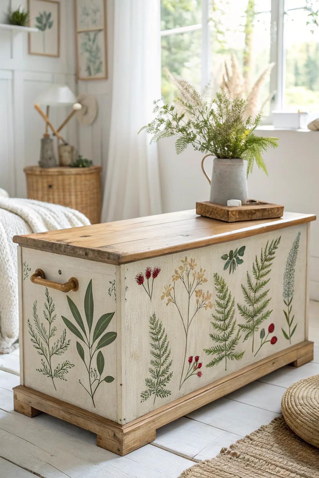 Bring the serenity of nature indoors with this charming botanical cedar chest.