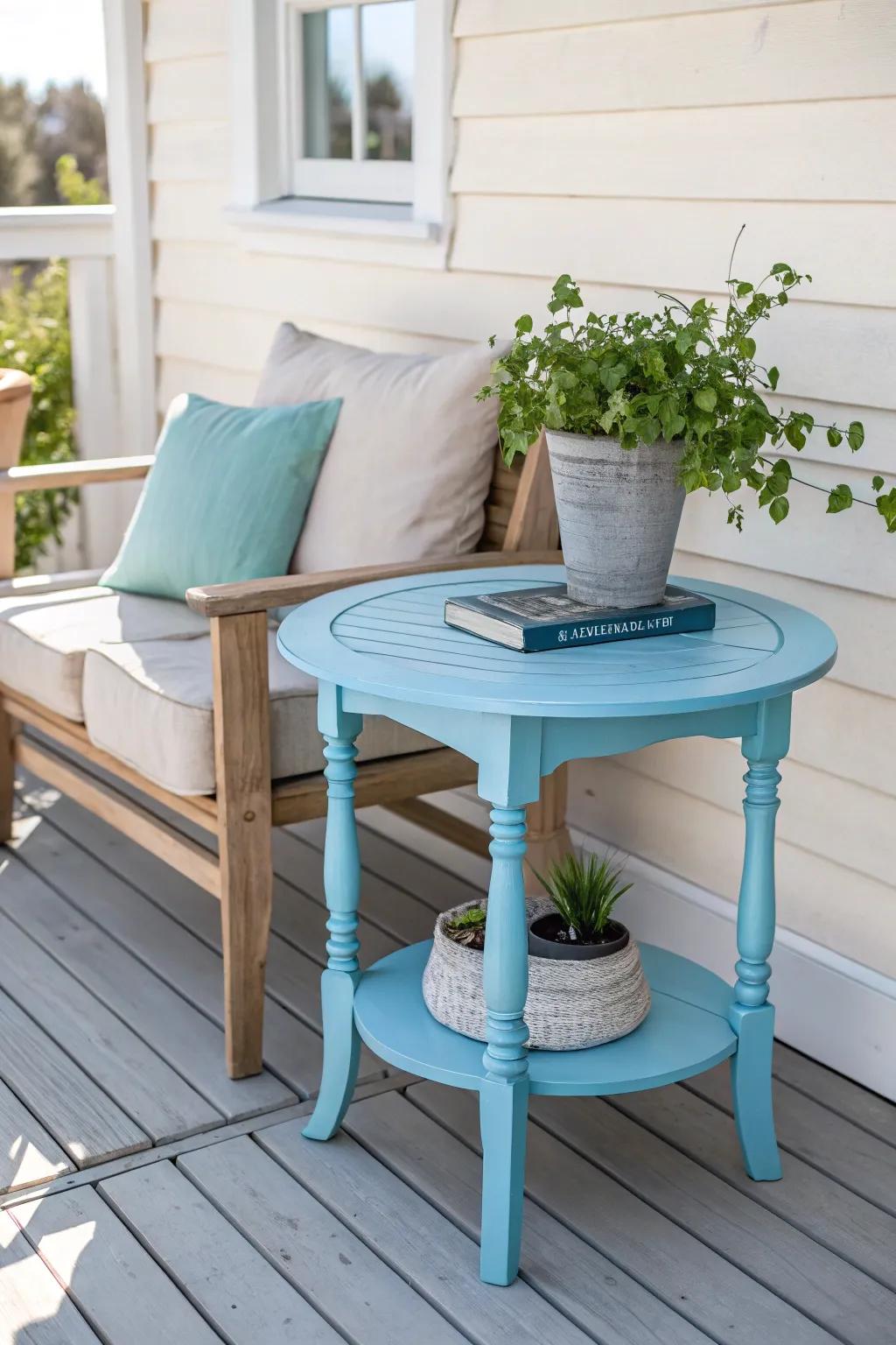 Transform your outdoor space with a vibrant sky-blue end table, where minimalism meets boho charm.