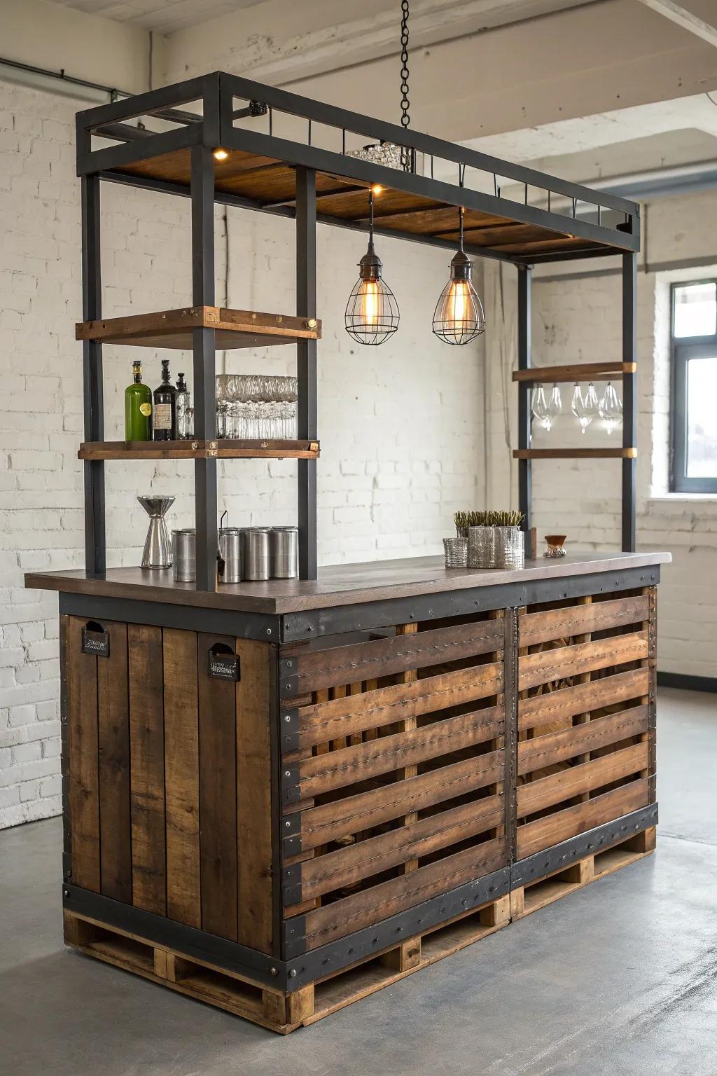 Elevate your space with an industrial chic pallet bar—where craftsmanship meets modern elegance.