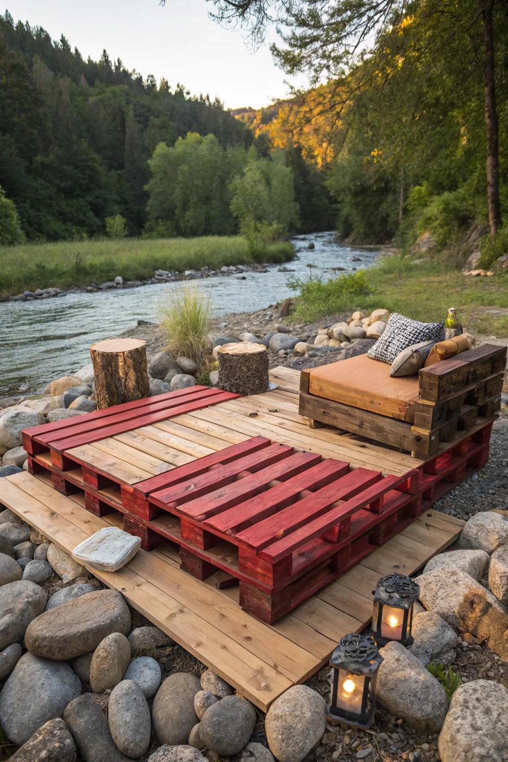 Transform your outdoor space with this rustic pallet deck, where craftsmanship meets nature's beauty.