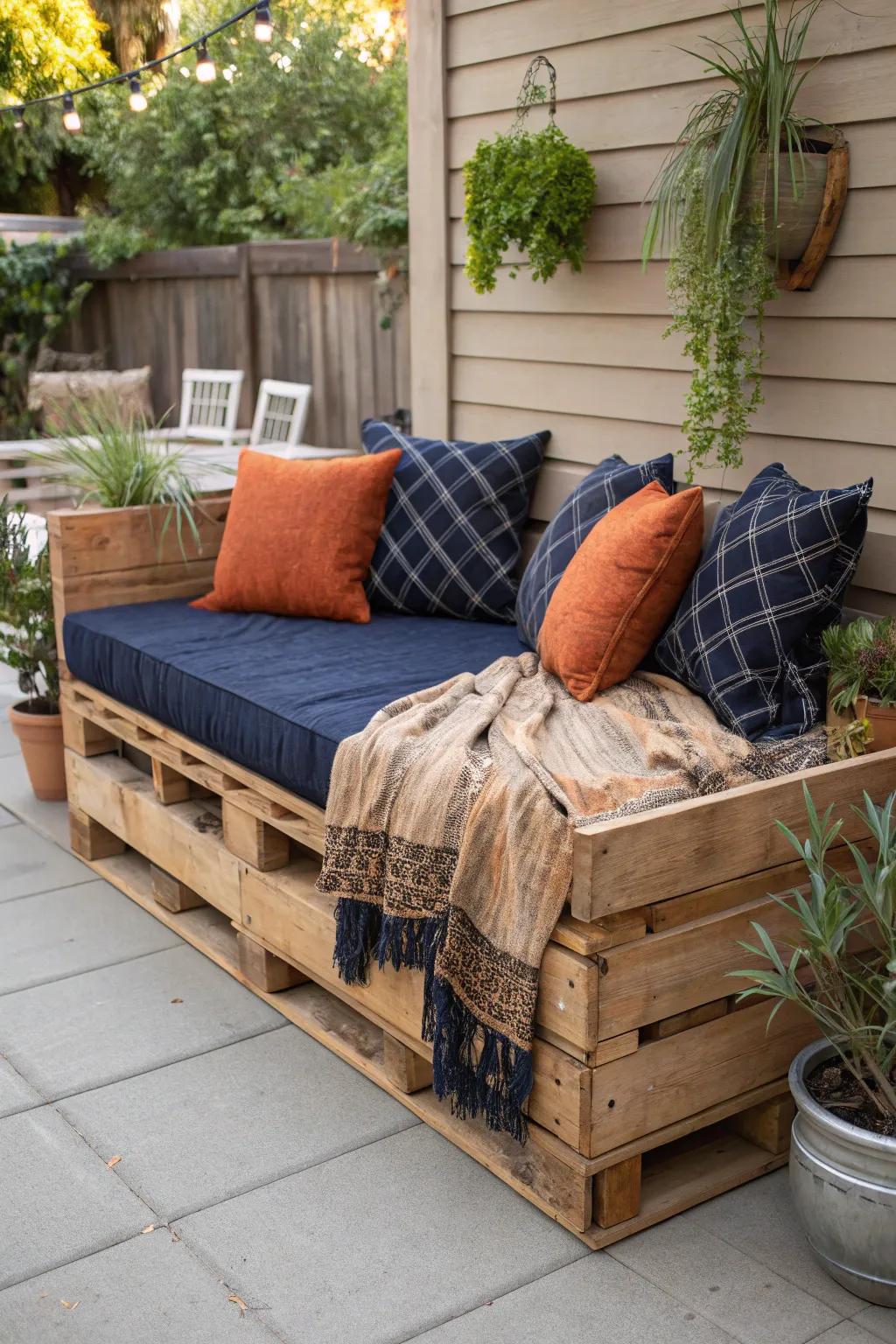 Transform your patio with this handcrafted pallet wood daybed – the perfect blend of comfort and style.