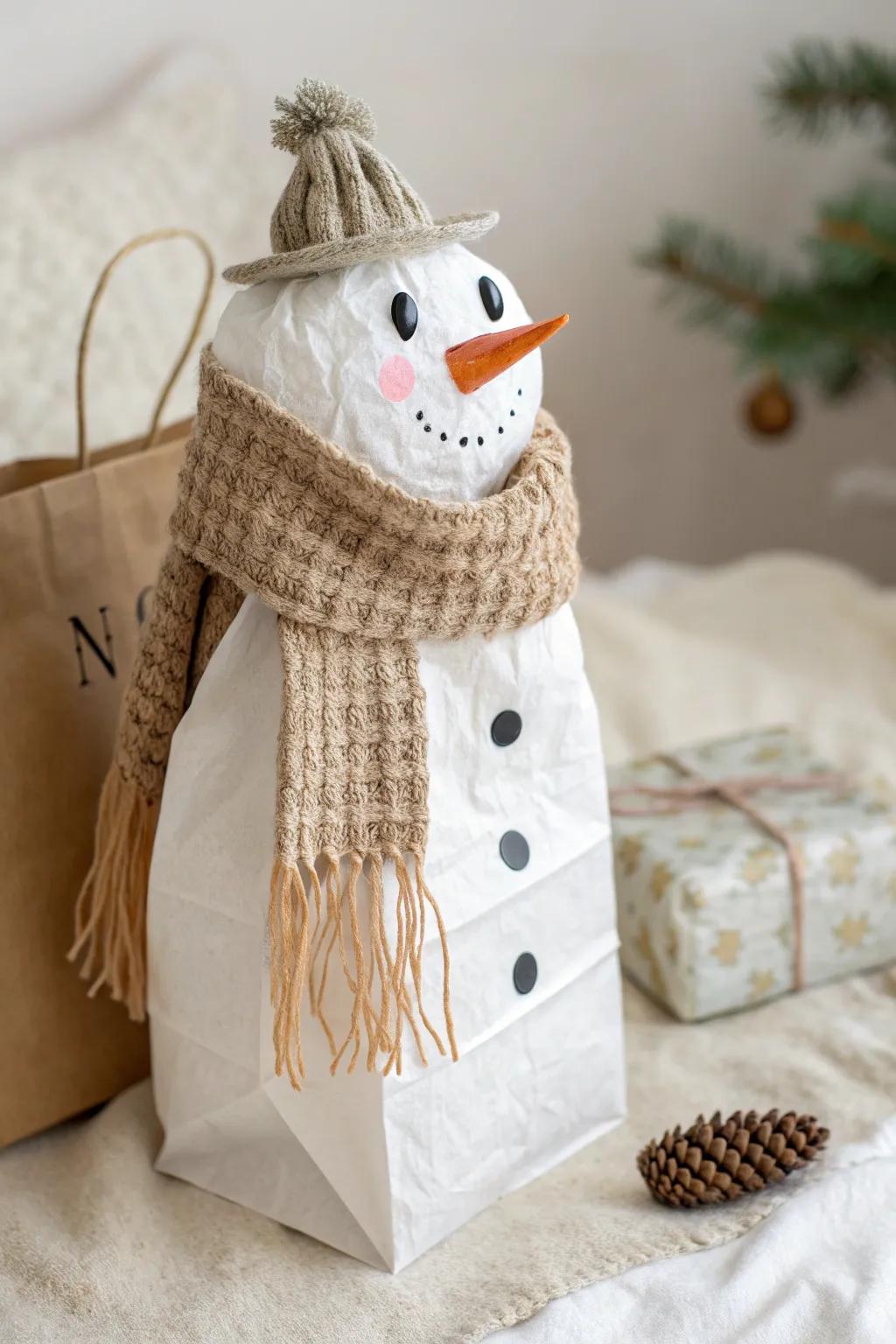 Embrace the holiday spirit with a charming snowman puppet, blending minimalist elegance and a touch of Boho flair.