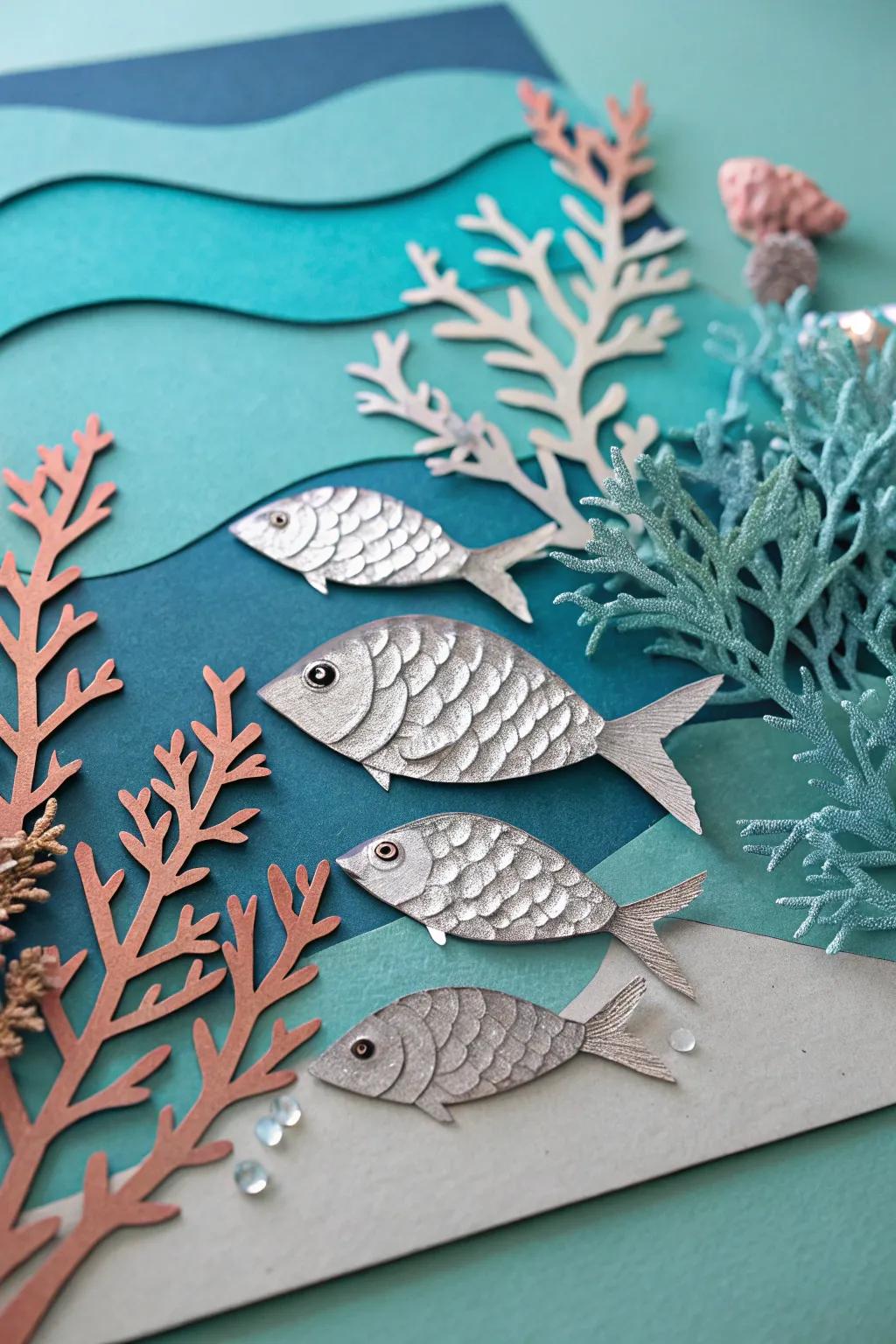 Dive into the serene beauty of paper collage art with this shimmering underwater paradise.
