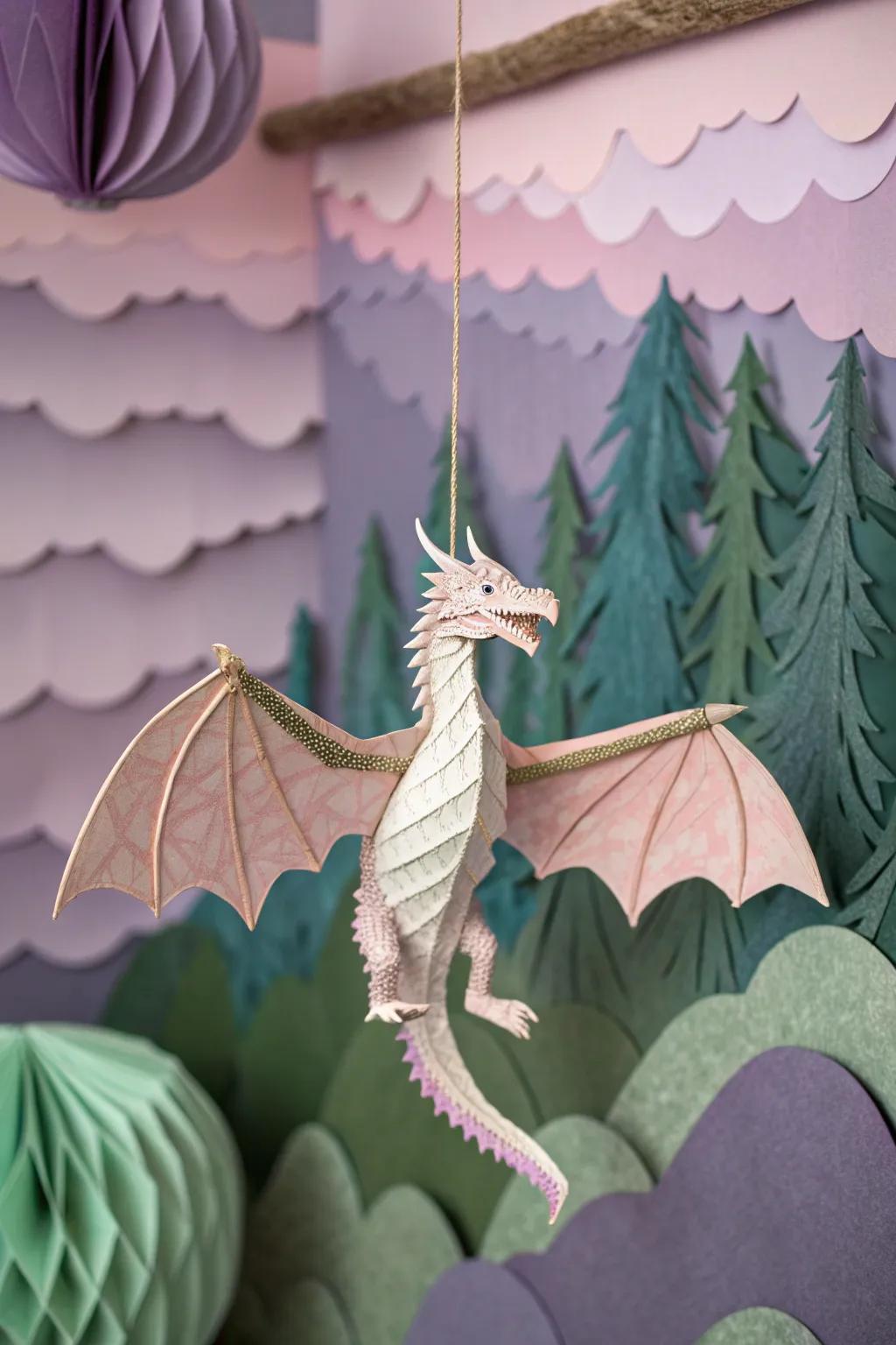 Transform your space into a mystical land with a hand-crafted paper dragon puppet and enchanting backdrop. #FantasyDecor #PaperCraftMagic