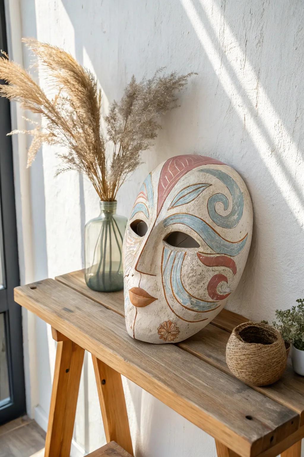 Artistry in simplicity: A captivating abstract paper mache mask for your creative inspiration.