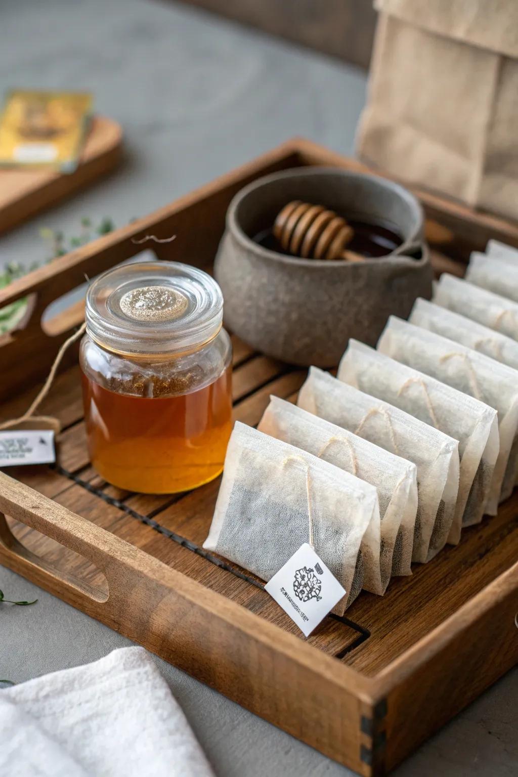Customized tea bags paired with honey, a comforting baptism favor.