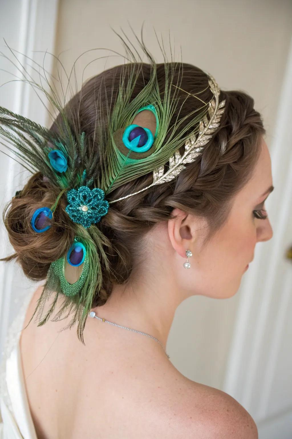 A beautiful bridal hairpiece adorned with elegant peacock feathers.