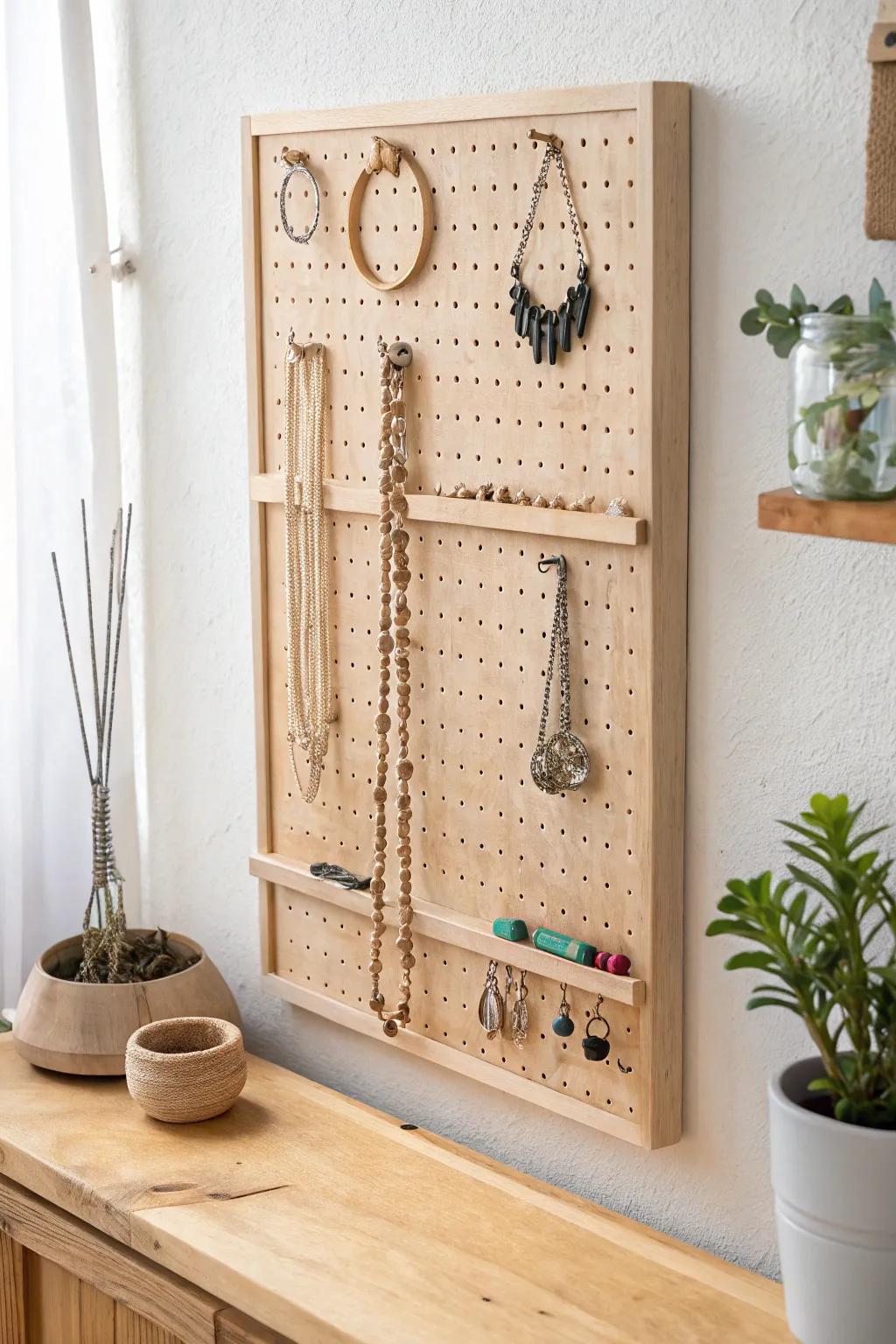 Embrace the art of simplicity with a wooden pegboard jewelry display, where natural beauty meets minimalist design.