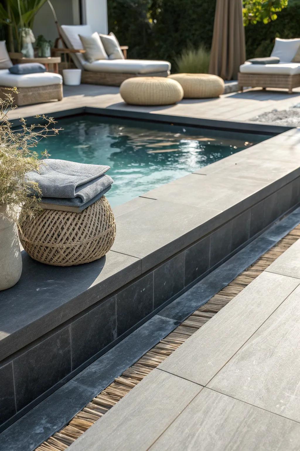 Embrace bold elegance with dark charcoal pool coping for a standout Scandinavian-Boho fusion.