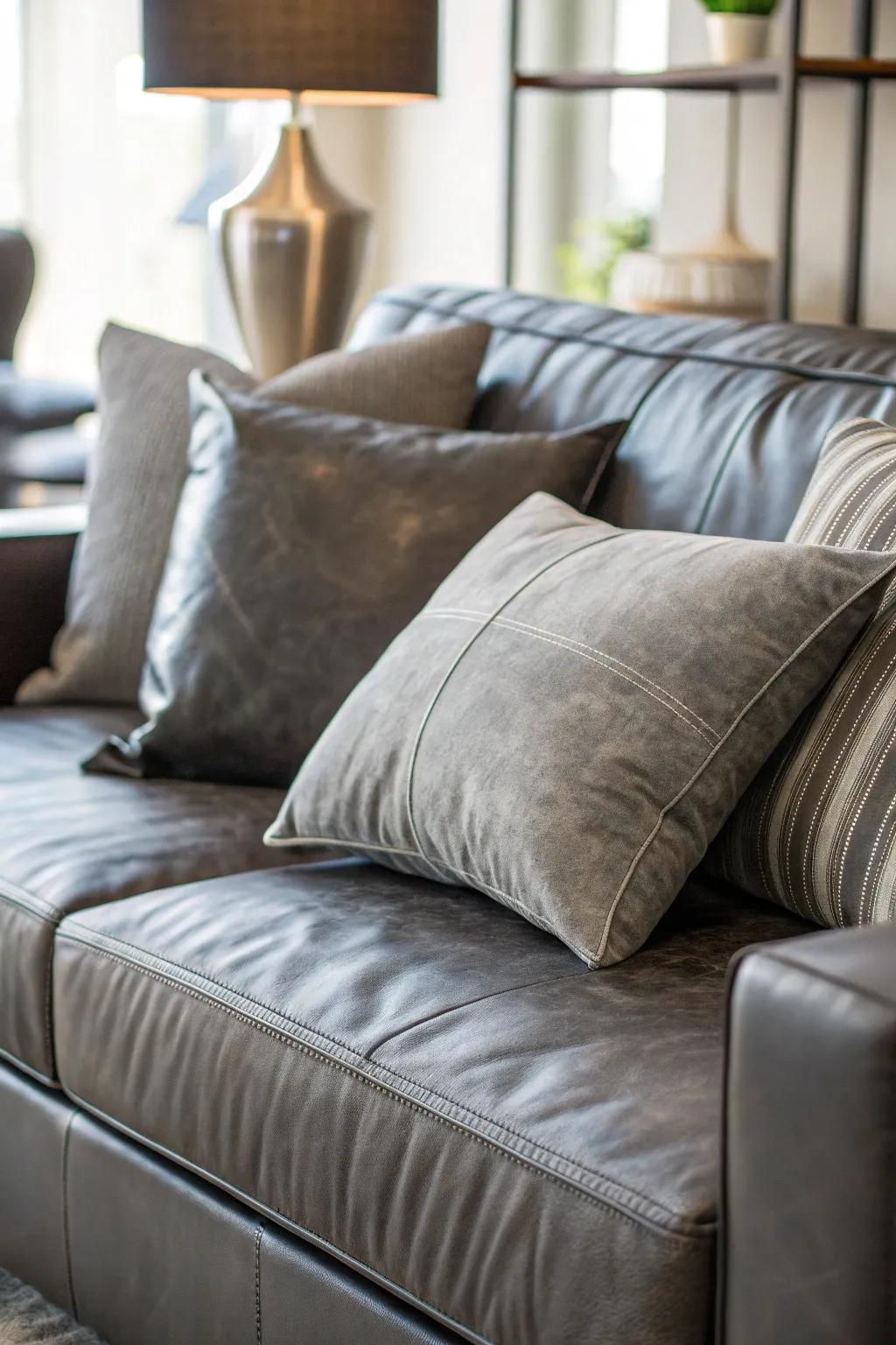 Monochromatic pillows bring a sleek sophistication to a leather couch.