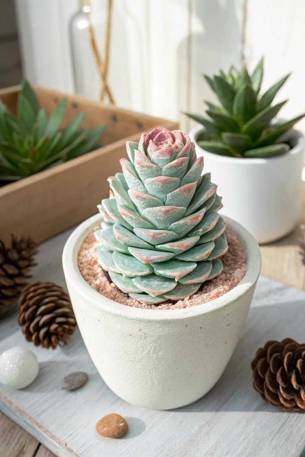 Embrace nature's artistry with a pinecone transformed into a stunning succulent.