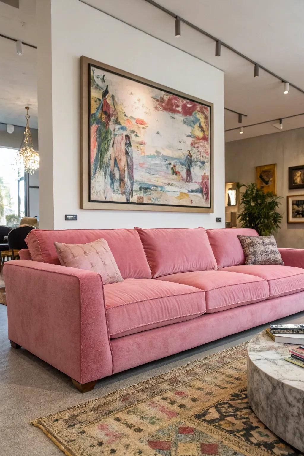Art pieces can beautifully complement a pink couch.