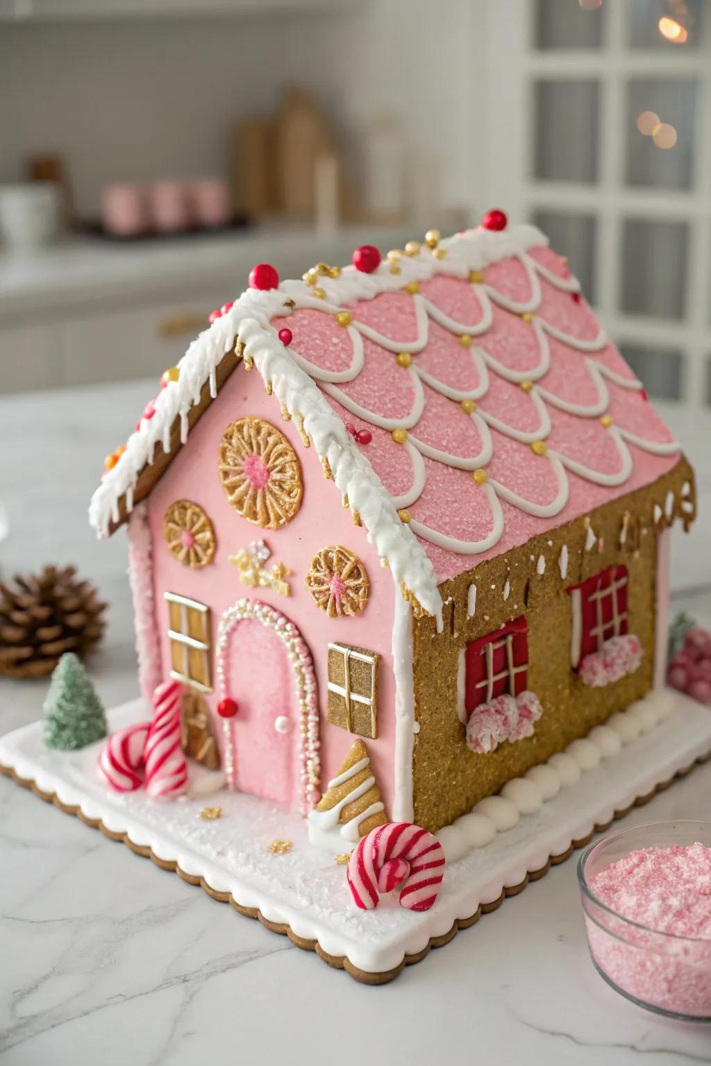 A glamorous pink and gold gingerbread house.