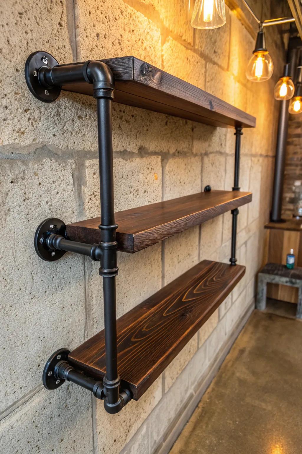 Elevate your space with reclaimed wood and pipe shelving—where sustainability meets style.